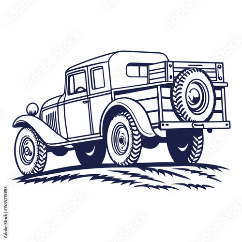 Retro pickup truck with spare tire on grassy terrain vintage truck retro vehicle
