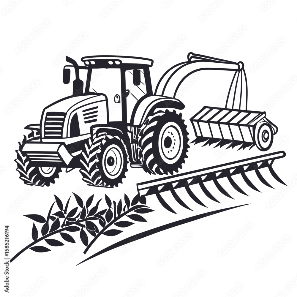 Naklejka premium Tractor harvesting crops with agricultural equipment