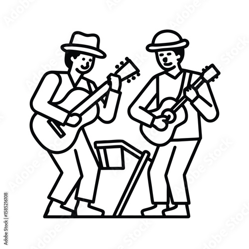 Duo Weight Sketch Of People Playing Musical Instruments In Community Concert vector line art on white background