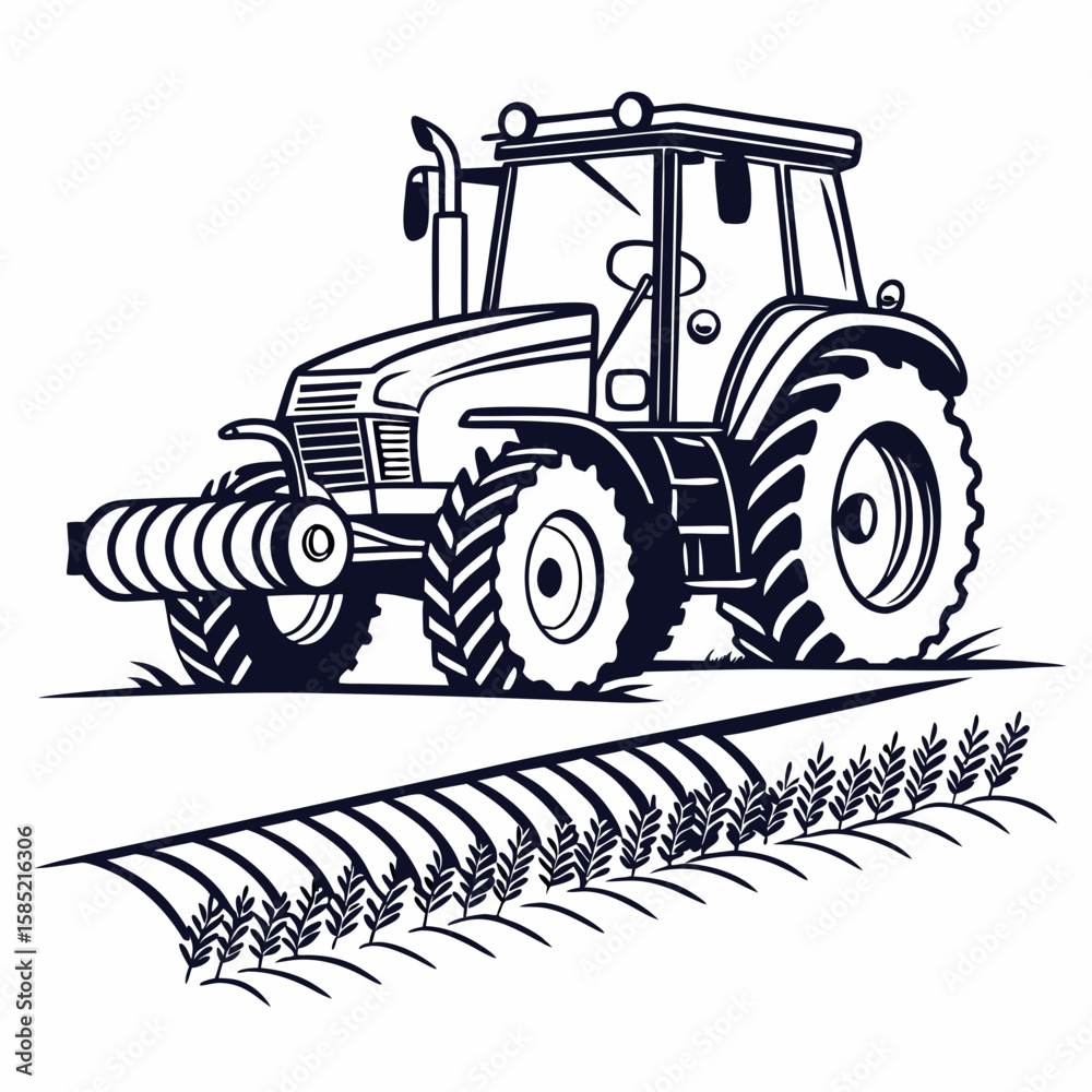 Fototapeta premium Tractor plowing field with crops farming agriculture