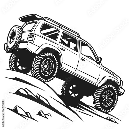 Rugged off road vehicle climbing rocky terrain vector