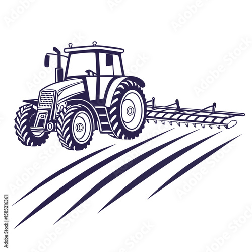 Tractor with Harrow Cultivating Field farming agriculture