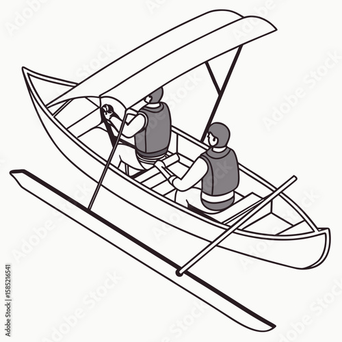 Two people in a paddle boat with canopy paddling watercraft