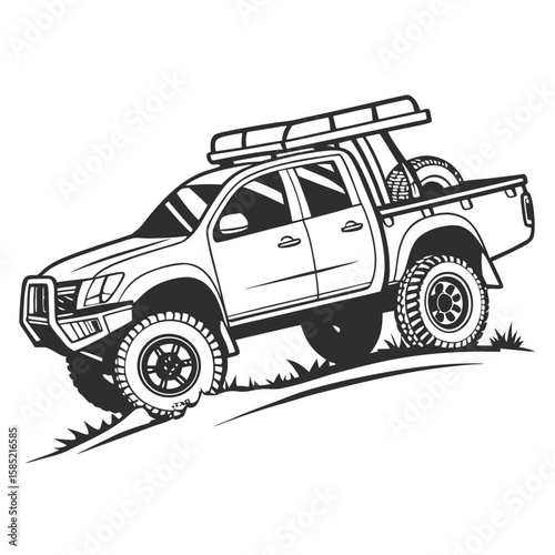 Rugged pickup truck with roof rack and spare tire off road vehicle