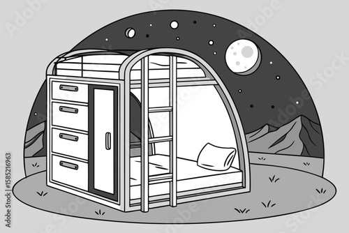 Illustration of a modern bunk bed with drawers and a ladder under a starry night sky with mountains