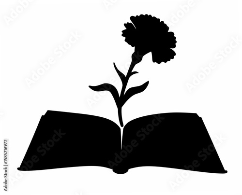 Silhouette of an open book with a flower growing from its pages against a white background image view