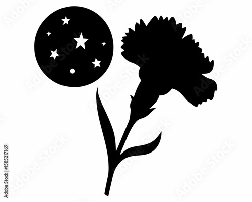Silhouette of a carnation flower with leaves next to a circle containing stars and a dot design
