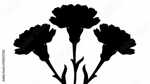Silhouette of three carnation flowers with stems and leaves in a symmetrical arrangement design