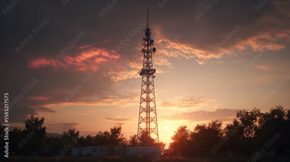 Fototapeta premium Towering Telecommunications: A Majestic Sunset Silhouette of Wireless Communication Technology Against a Vibrant Orange and Purple Sky