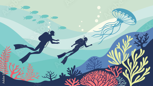 Two scuba divers swimming underwater with a jellyfish and coral reefs in a colorful ocean scene