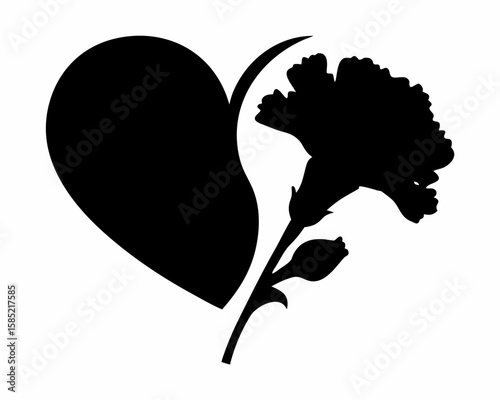 Silhouette of a heart shape with a carnation flower and stem in black and white illustration art