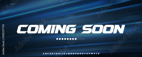 Speed-Inspired Coming Soon Typography with Dynamic Italic Letters and Progress Dots, Ideal for Sports Apps, Racing Events, or Action Game Intros. Slanted Fast Bold Display Font. Vector Illustration
