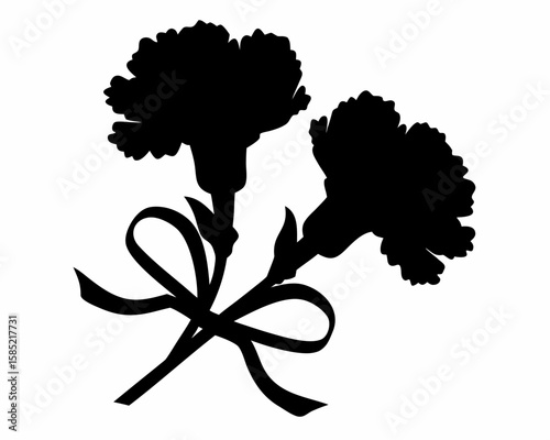 Silhouette of two carnation flowers tied together with a ribbon bow in black and white illustration style