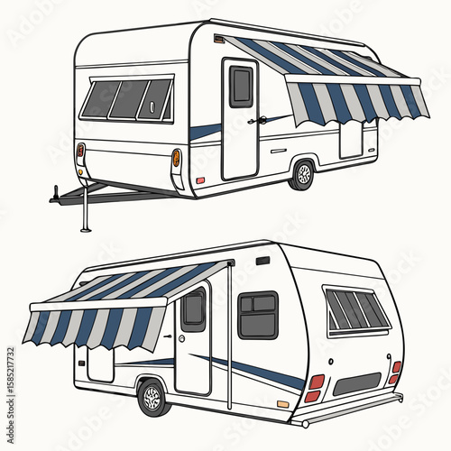 White caravan with blue and grey striped awnings camper
