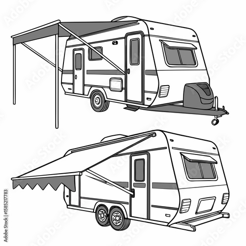 White caravan with grey awning and wheels trailer travel