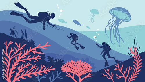 Scuba divers exploring underwater with coral reefs, jellyfish, and fish in a blue ocean scene