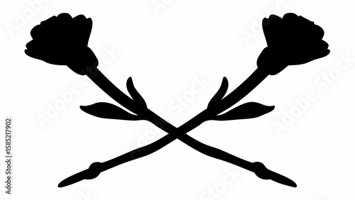 Two crossed black carnation flowers with stems and leaves in a simple silhouette design on white background