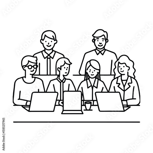 Monoline line art of diverse startup founders collaborating around table vector line art on white background