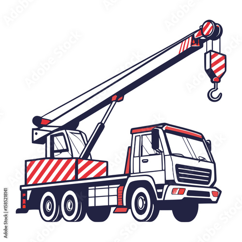 White crane truck with red and blue accents construction vehicle