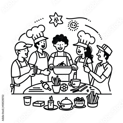 Textured illustration of multicultural group cooking together in kitchen vector line art on white background