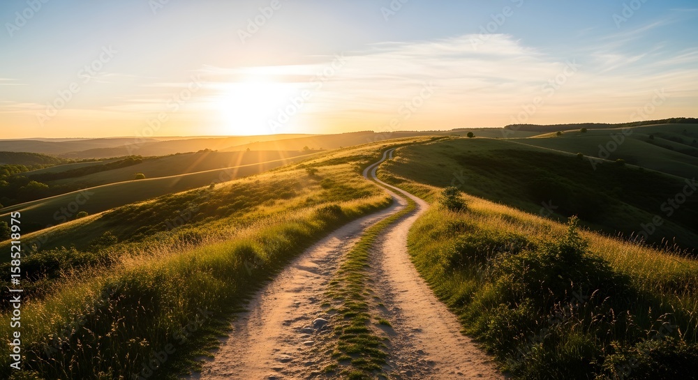 Naklejka premium A winding dirt road traverses sundrenched rolling hills at sunset