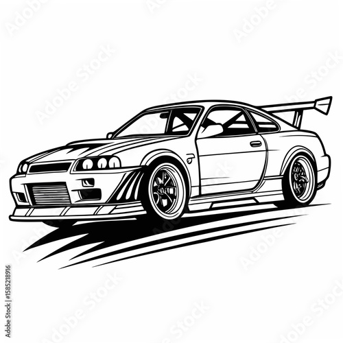 Sleek sports car with large rear spoiler racing car coupe