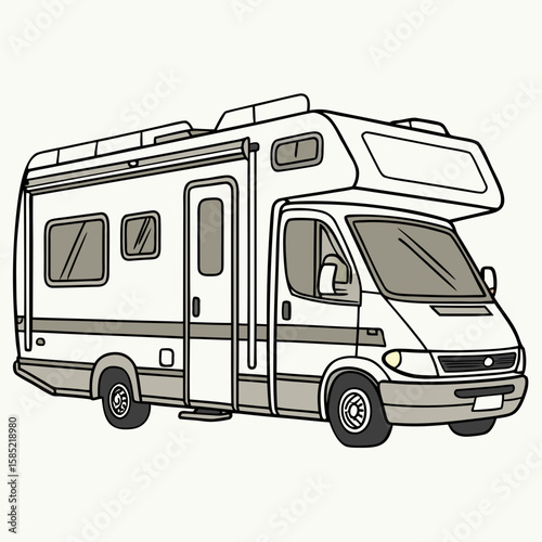 White motorhome with grey accents and roof extension