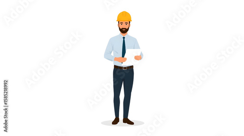 Vector illustration of a confident male engineer wearing a safety helmet and holding a document, symbolizing project planning and construction supervision in a professional setting.