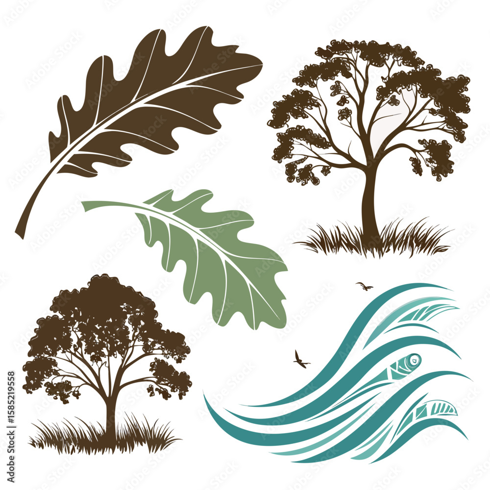 Fototapeta premium Stylized nature elements with trees leaves and waves birds