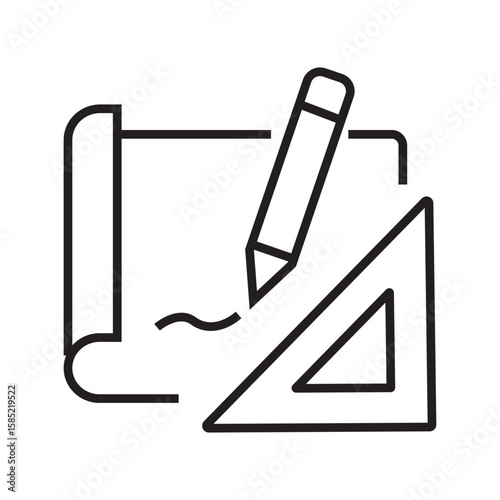 Outline icon of architectural blueprint with ruler and pen. Editable stroke. vector illustration