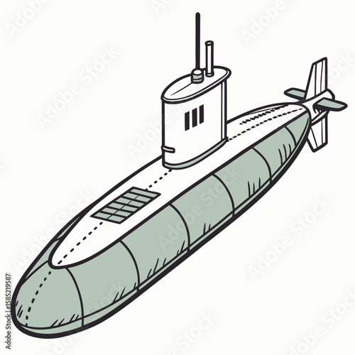 Submarine with periscope and fins naval vessel