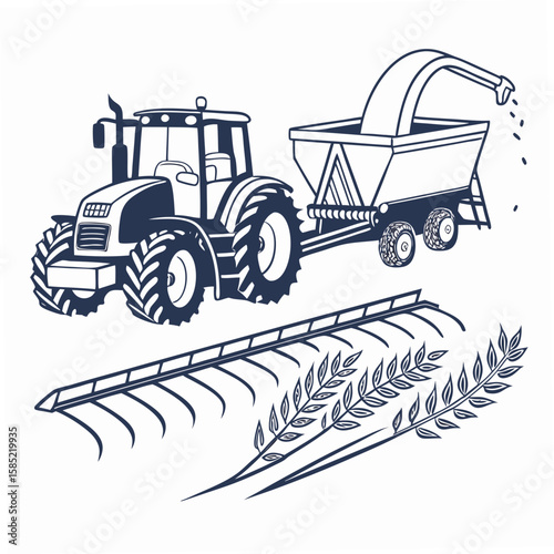 Tractor harvesting grain with trailer and wheat stalks harvester