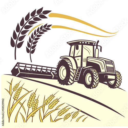 Tractor harvesting wheat with wheat stalks harvester agriculture