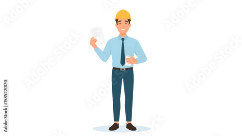 Vector illustration of a confident male engineer wearing a safety helmet and holding a document, symbolizing project planning and construction supervision in a professional setting.