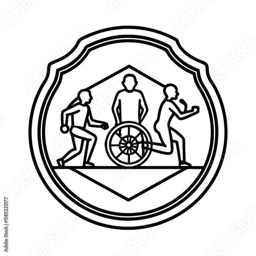 Wheelchair user runner and swimmer represented as active badge trio vector line art on white background