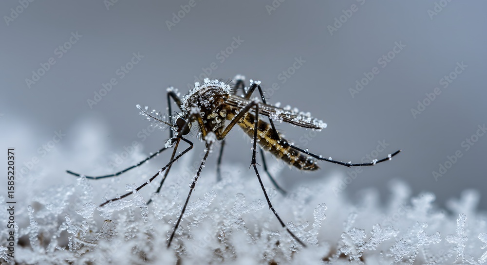 Fototapeta premium Closeup of a Mosquito with Dew Drops Resting on a Soft Surface in Natural Environment