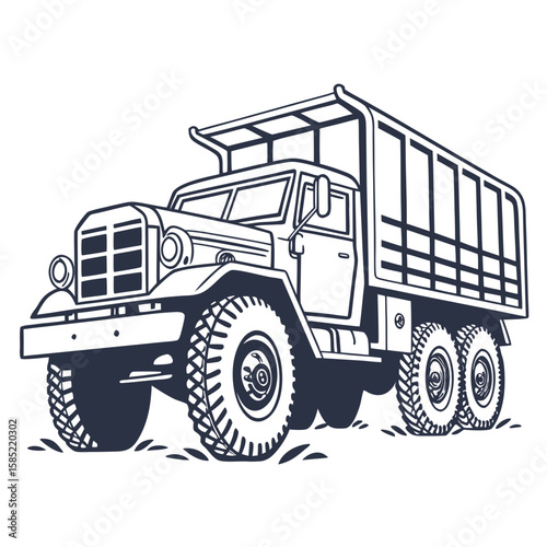 Vintage military cargo truck with large tires heavy duty
