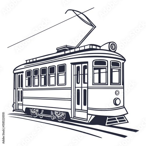 Vintage tram with pantograph on white background transportation public transport