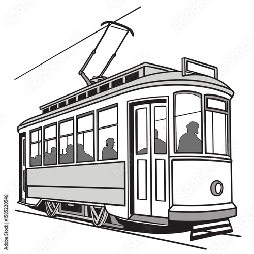 Vintage tram with passengers on tracks public transport city