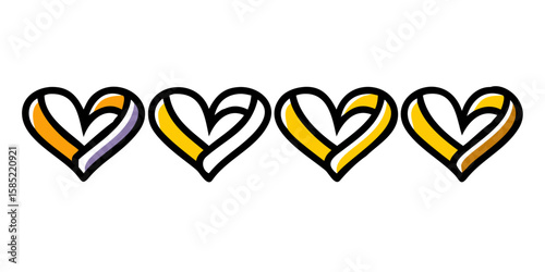 Two sets of stylized heart shapes formed by ribbons in orange purple and yellow against a black background