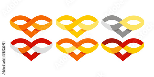Six stylized heart shapes with infinity loop elements in various warm color palettes