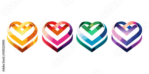 Four stylized hearts with vibrant gradient colors arranged in a row against a black background