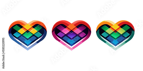 Three vibrant modern heart logos showcasing a colorful geometric diamond pattern and gradient effects