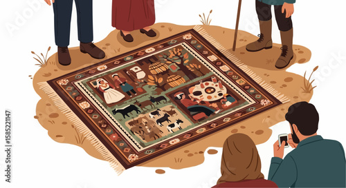 Village Rug with Living Patterns – Flat Vector Illustration of Traditional Life and Symbolic Motifs

