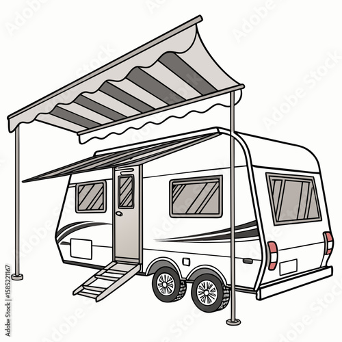 White caravan with striped awnings and steps trailer camping
