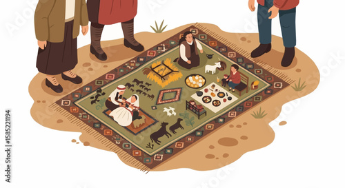 Village Rug with Living Patterns – Flat Vector Illustration of Traditional Life and Symbolic Motifs

