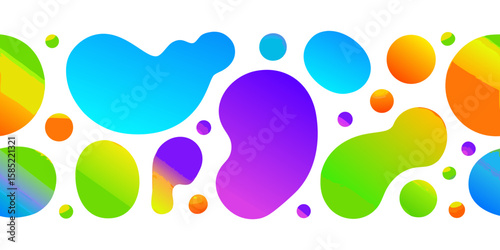 Vibrant liquid blobs and spheres in a dynamic rainbow gradient pattern on black background