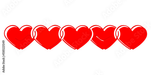 A horizontal line of five bright red hearts with black outlines on a black background