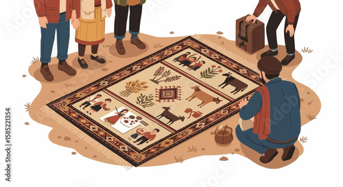 Village Rug with Living Patterns – Flat Vector Illustration of Traditional Life and Symbolic Motifs

