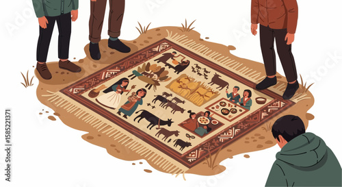 Village Rug with Living Patterns – Flat Vector Illustration of Traditional Life and Symbolic Motifs

